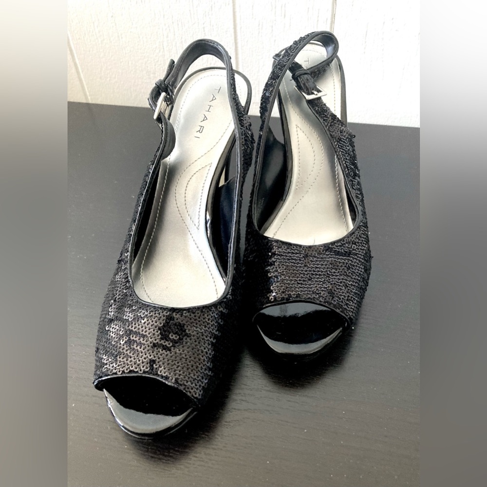 Tahari Leather Sequin Platform Heels - Picture 2 of 15